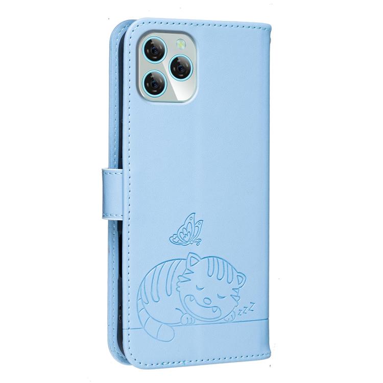 For Blackview A95 Cat Butterfly Embossed RFID Vegan Leather Phone Case with Strap