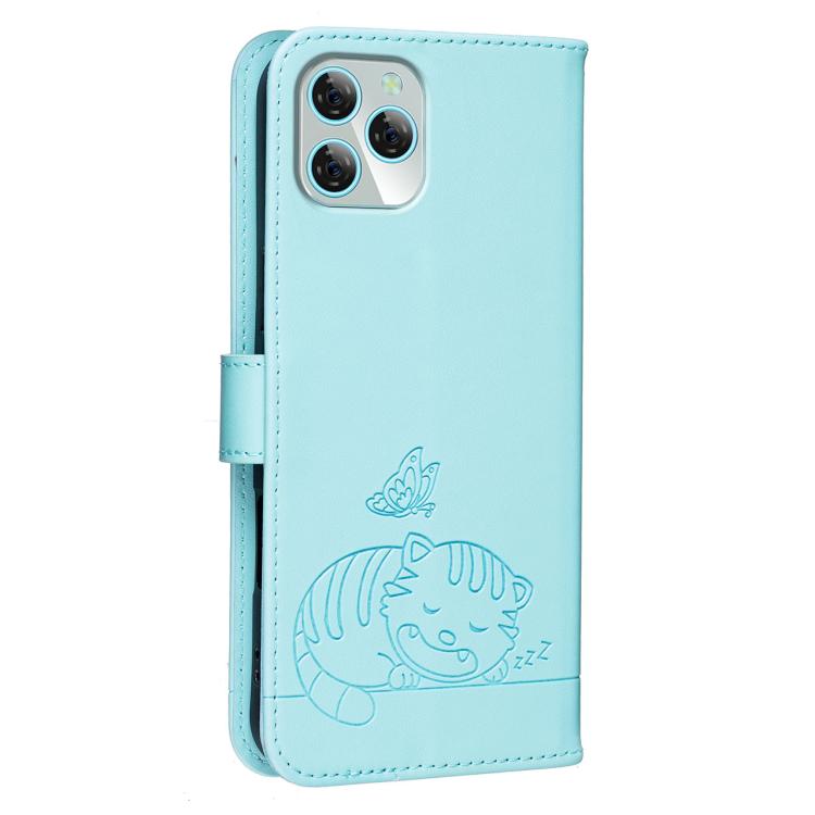 For Blackview A95 Cat Butterfly Embossed RFID Vegan Leather Phone Case with Strap