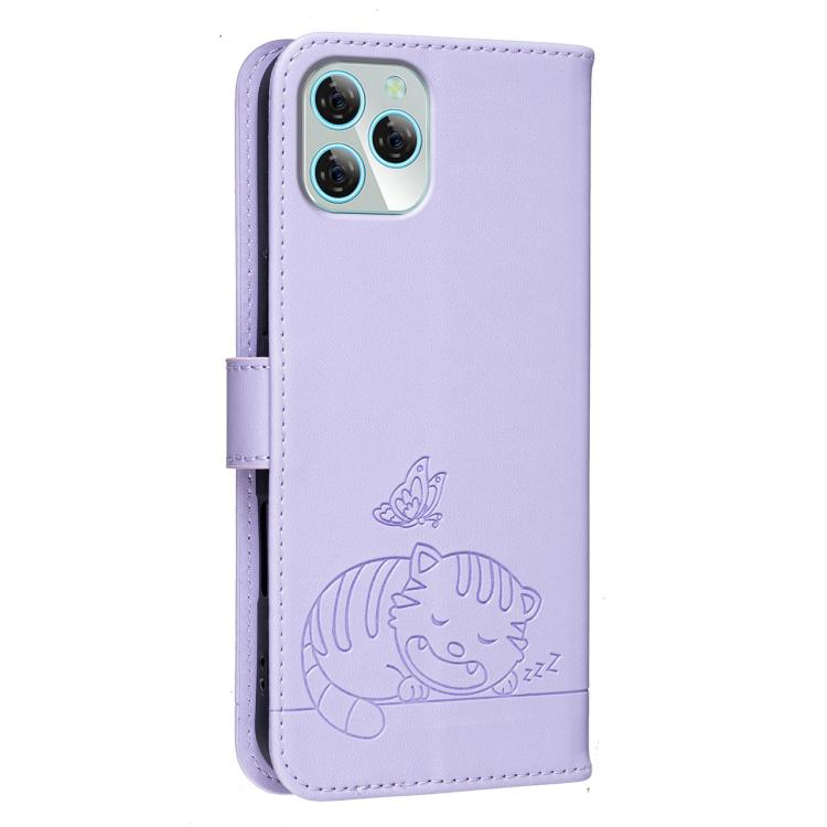 For Blackview A95 Cat Butterfly Embossed RFID Vegan Leather Phone Case with Strap