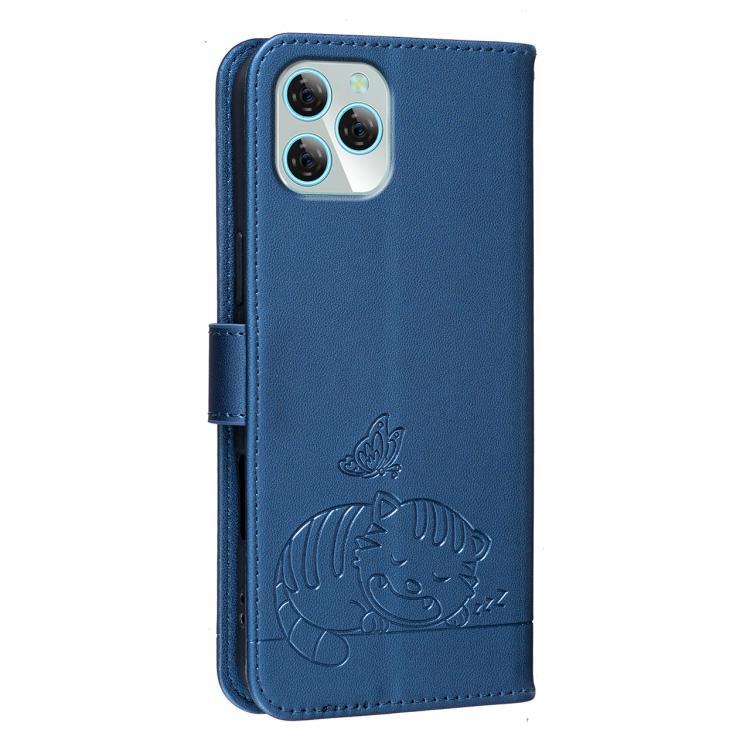 For Blackview A95 Cat Butterfly Embossed RFID Vegan Leather Phone Case with Strap