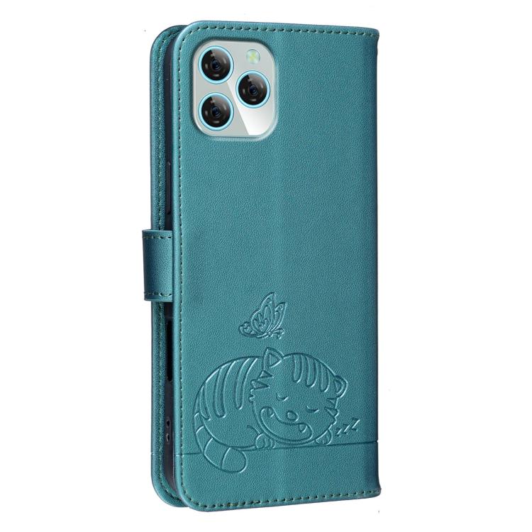 For Blackview A95 Cat Butterfly Embossed RFID Vegan Leather Phone Case with Strap