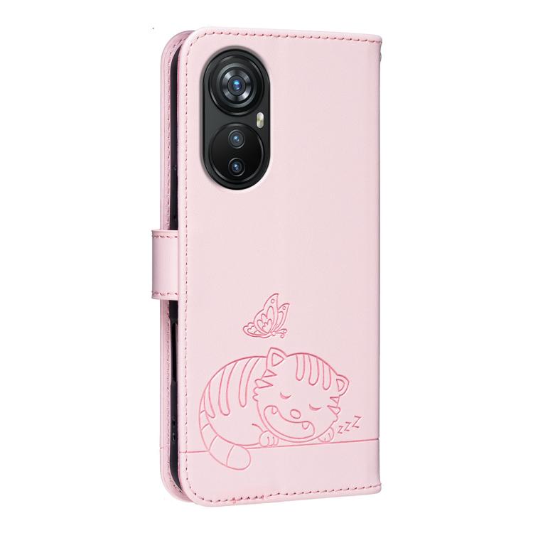For Blackview A200 Pro Cat Butterfly Embossed RFID Vegan Leather Phone Case with Strap
