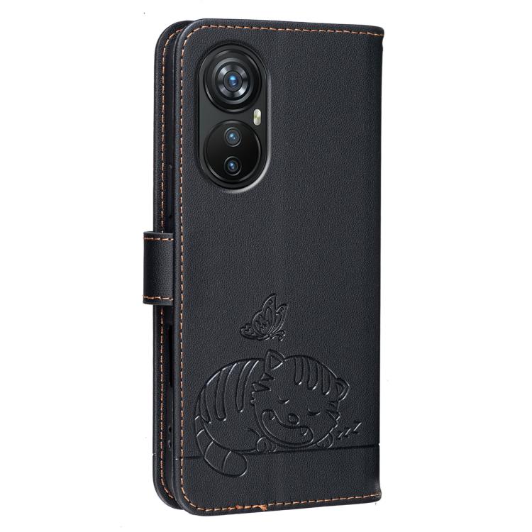 For Blackview A200 Pro Cat Butterfly Embossed RFID Vegan Leather Phone Case with Strap