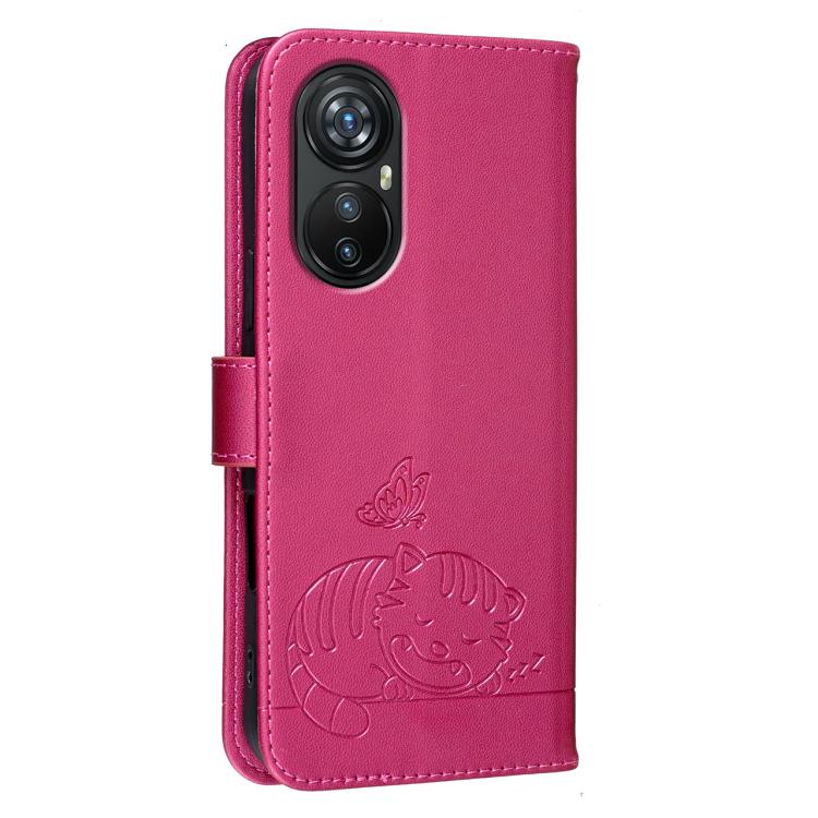 For Blackview A200 Pro Cat Butterfly Embossed RFID Vegan Leather Phone Case with Strap