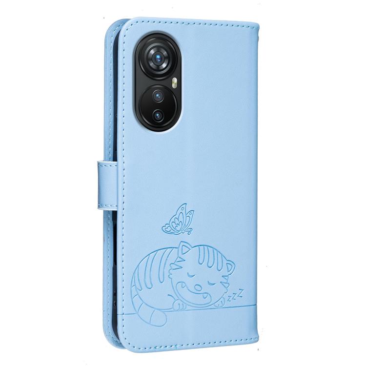 For Blackview A200 Pro Cat Butterfly Embossed RFID Vegan Leather Phone Case with Strap