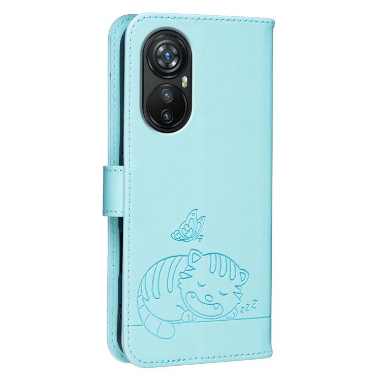 For Blackview A200 Pro Cat Butterfly Embossed RFID Vegan Leather Phone Case with Strap