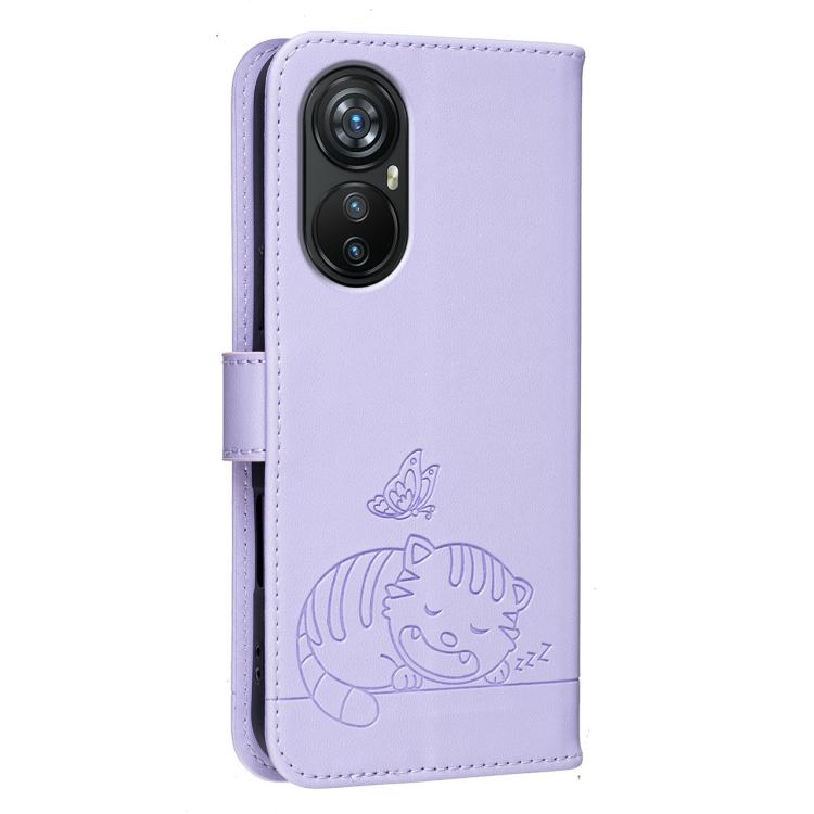 For Blackview A200 Pro Cat Butterfly Embossed RFID Vegan Leather Phone Case with Strap