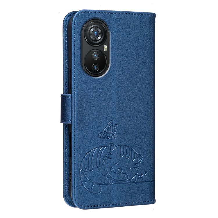 For Blackview A200 Pro Cat Butterfly Embossed RFID Vegan Leather Phone Case with Strap