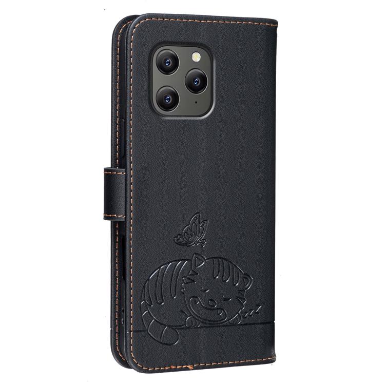 For Blackview BV5300 Cat Butterfly Embossed RFID Vegan Leather Phone Case with Strap