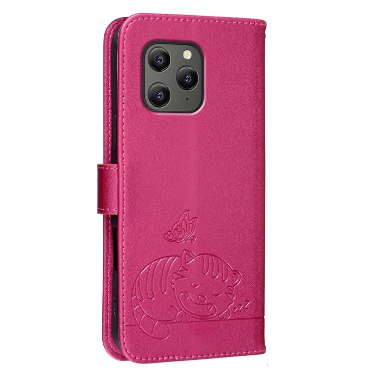 For Blackview BV5300 Cat Butterfly Embossed RFID Vegan Leather Phone Case with Strap