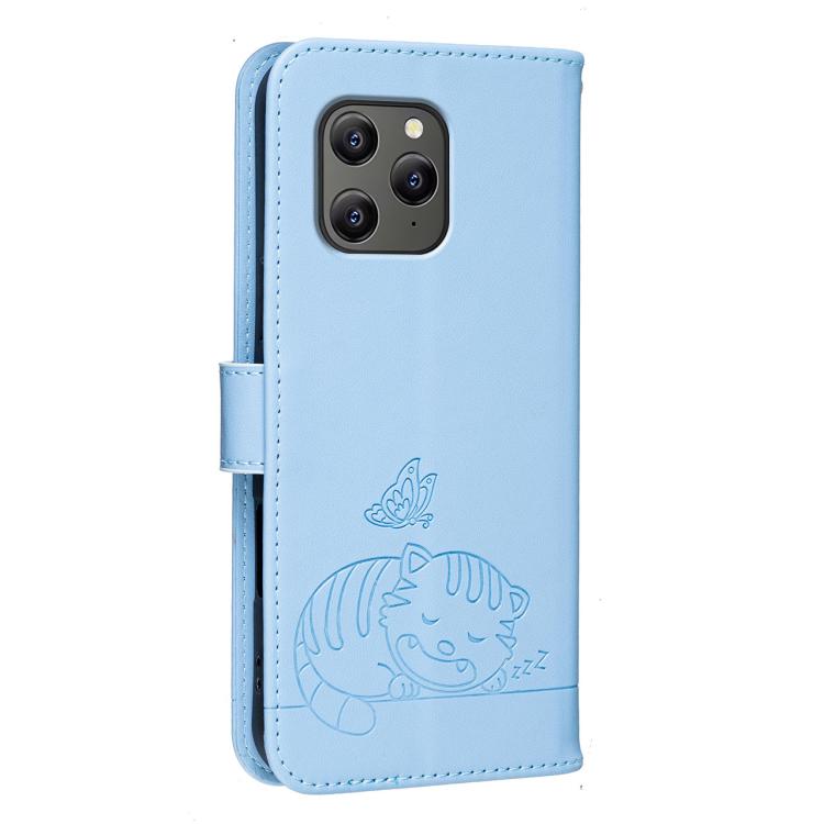 For Blackview BV5300 Cat Butterfly Embossed RFID Vegan Leather Phone Case with Strap