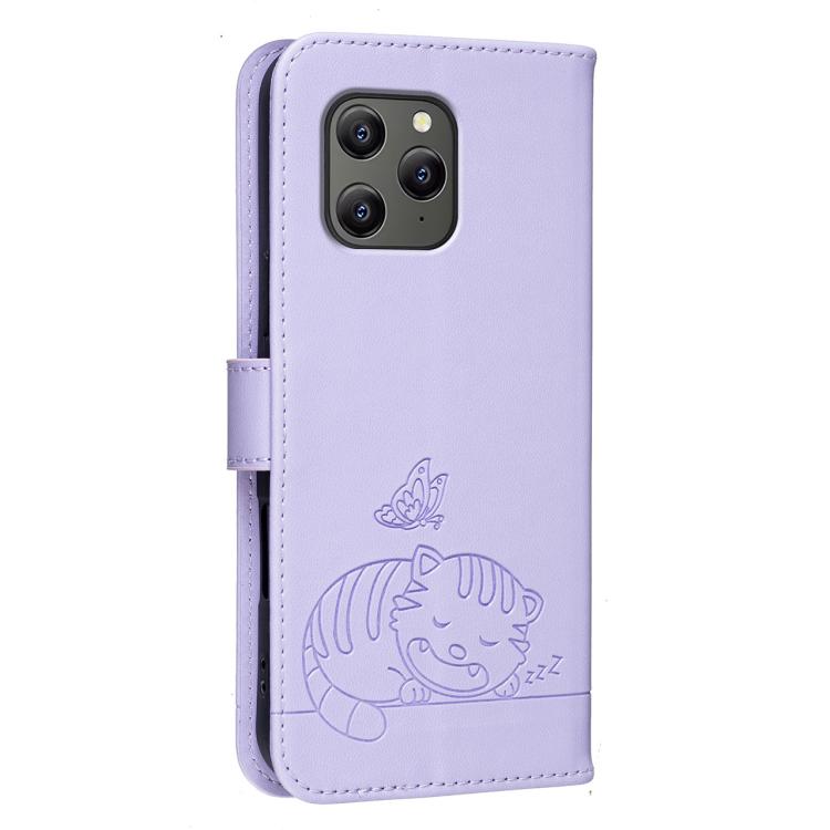 For Blackview BV5300 Cat Butterfly Embossed RFID Vegan Leather Phone Case with Strap