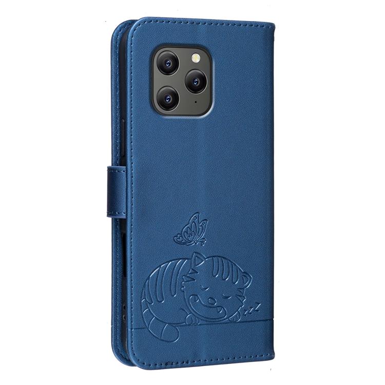 For Blackview BV5300 Cat Butterfly Embossed RFID Vegan Leather Phone Case with Strap