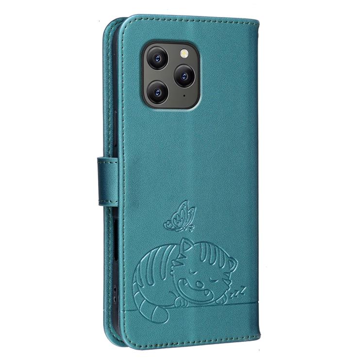 For Blackview BV5300 Cat Butterfly Embossed RFID Vegan Leather Phone Case with Strap