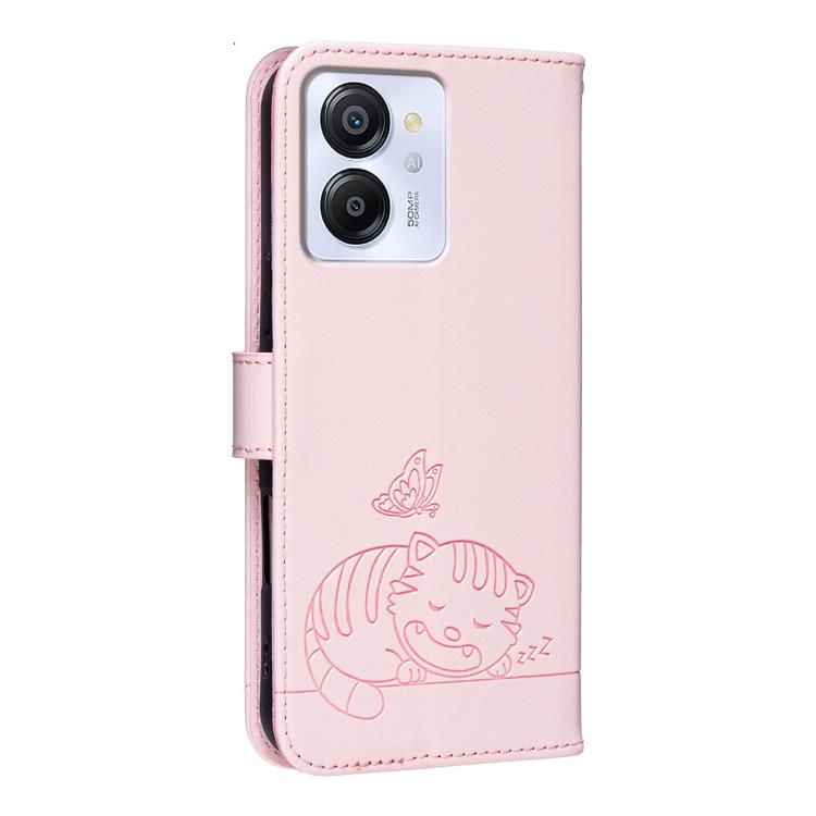 For Blackview COLOR 8 Cat Butterfly Embossed RFID Vegan Leather Phone Case with Strap