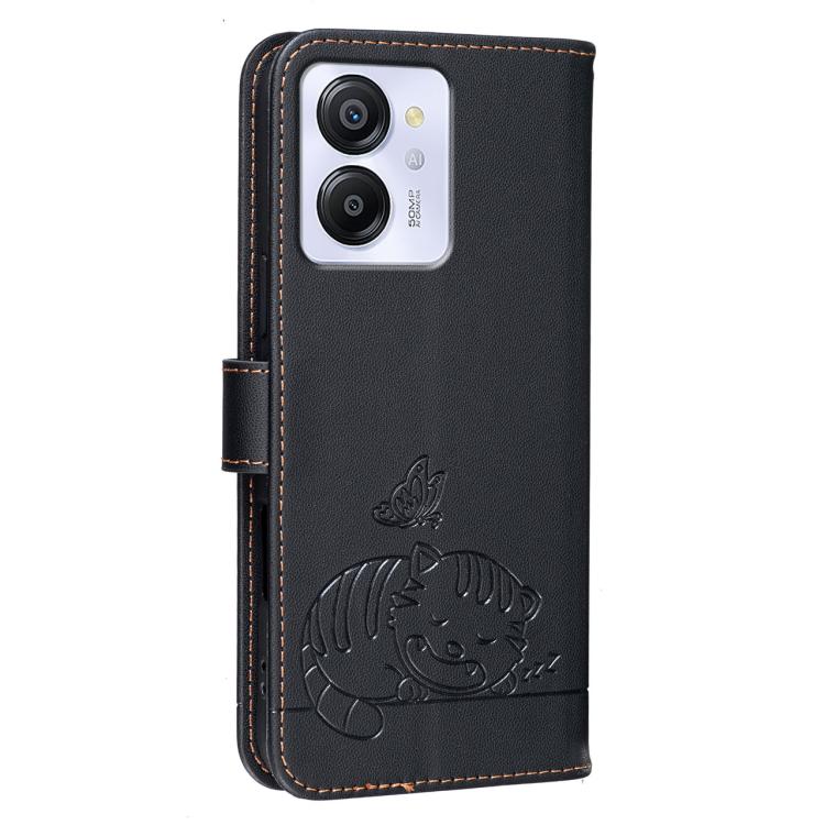 For Blackview COLOR 8 Cat Butterfly Embossed RFID Vegan Leather Phone Case with Strap