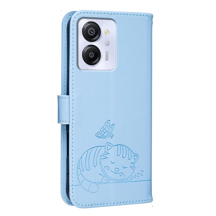 For Blackview COLOR 8 Cat Butterfly Embossed RFID Vegan Leather Phone Case with Strap