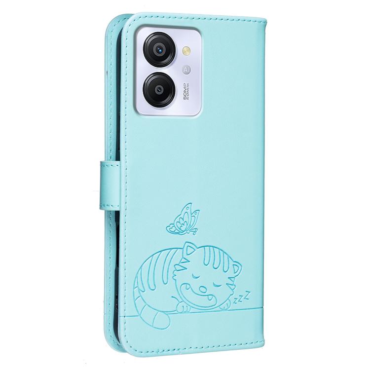 For Blackview COLOR 8 Cat Butterfly Embossed RFID Vegan Leather Phone Case with Strap