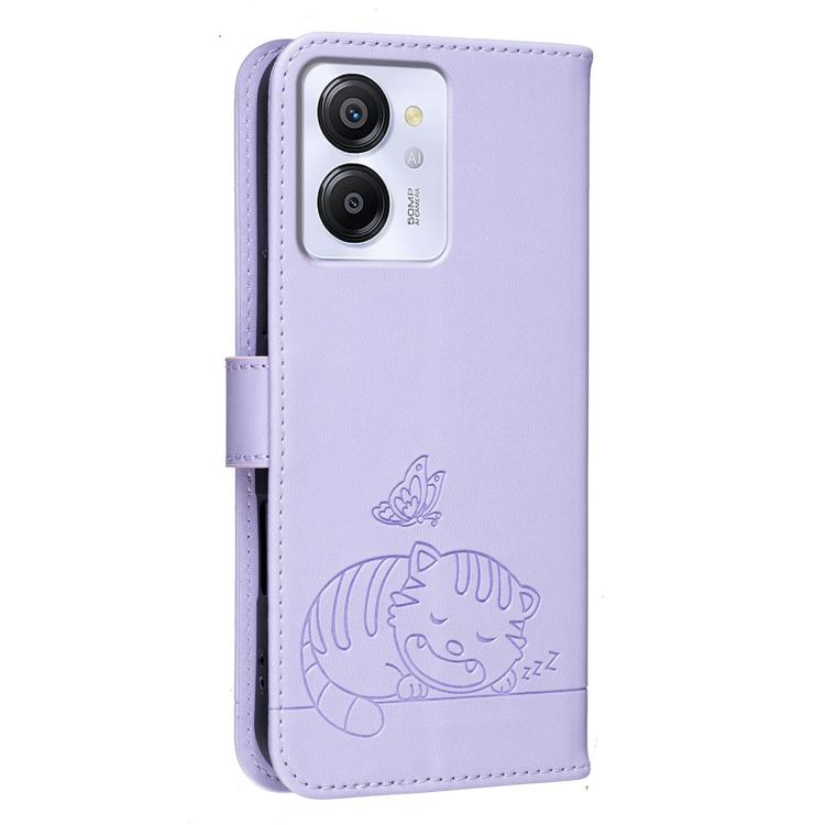 For Blackview COLOR 8 Cat Butterfly Embossed RFID Vegan Leather Phone Case with Strap