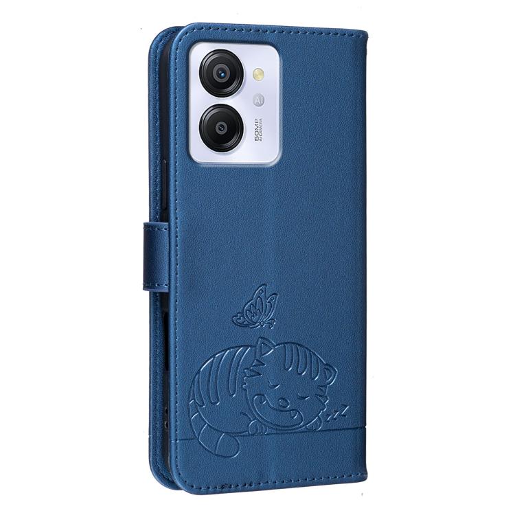 For Blackview COLOR 8 Cat Butterfly Embossed RFID Vegan Leather Phone Case with Strap