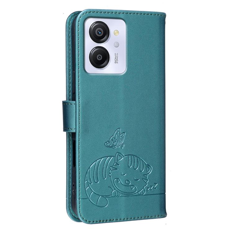 For Blackview COLOR 8 Cat Butterfly Embossed RFID Vegan Leather Phone Case with Strap