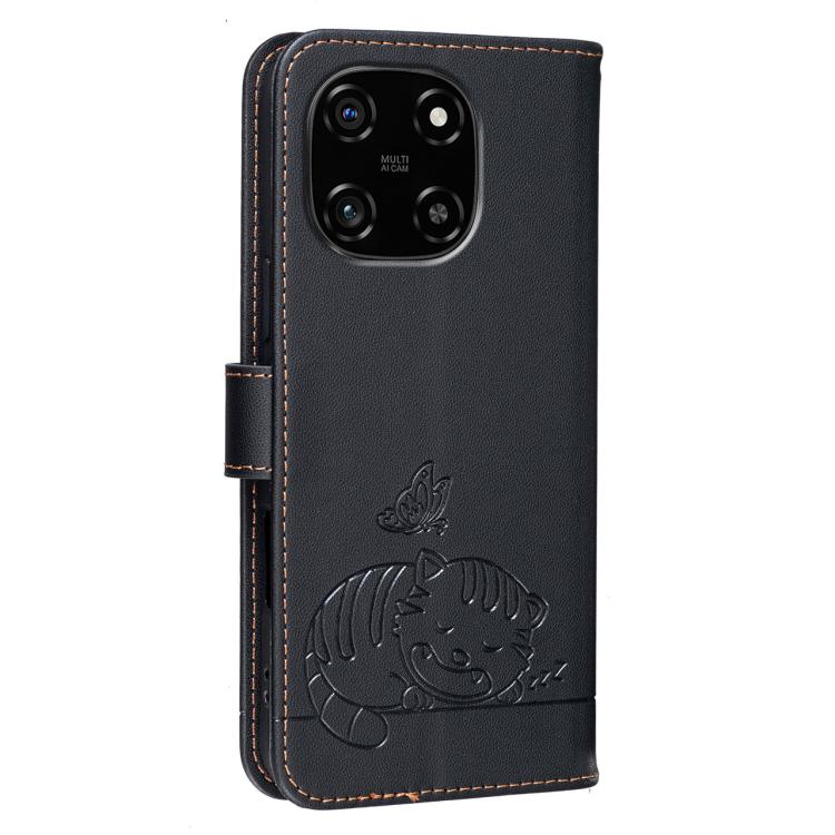 For Blackview COLOR 6 Cat Butterfly Embossed RFID Vegan Leather Phone Case with Strap