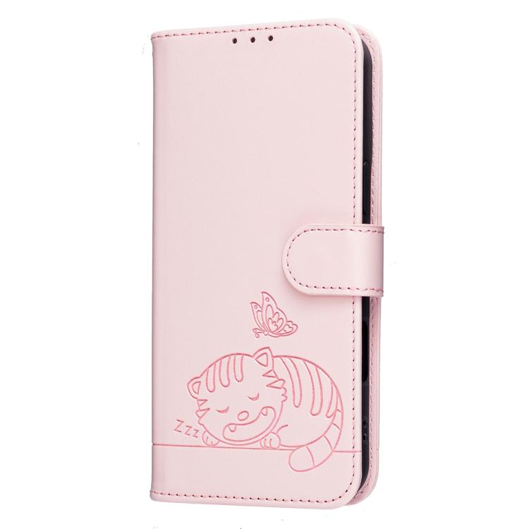 For Blackview SHARK 6 Cat Butterfly Embossed RFID Vegan Leather Phone Case with Strap