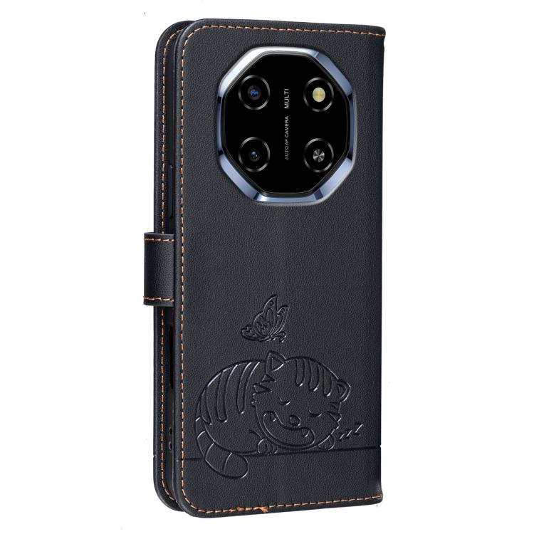 For Blackview SHARK 6 Cat Butterfly Embossed RFID Vegan Leather Phone Case with Strap