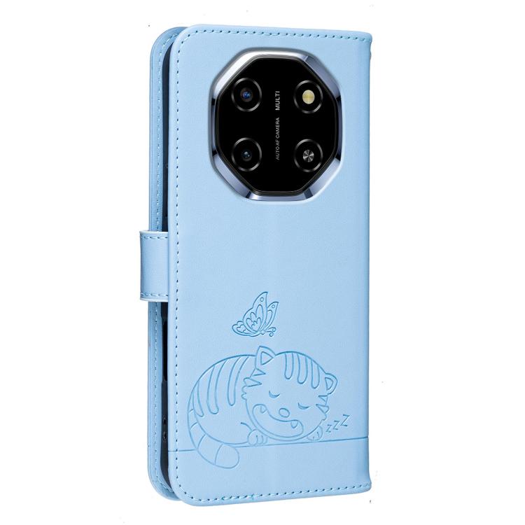 For Blackview SHARK 6 Cat Butterfly Embossed RFID Vegan Leather Phone Case with Strap