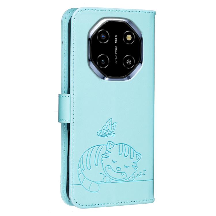 For Blackview SHARK 6 Cat Butterfly Embossed RFID Vegan Leather Phone Case with Strap