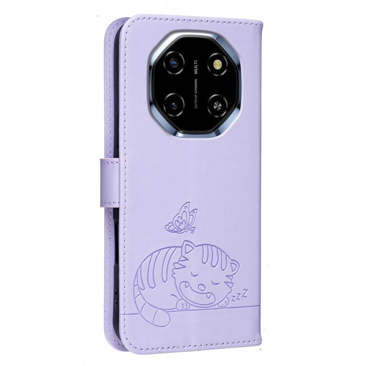 For Blackview SHARK 6 Cat Butterfly Embossed RFID Vegan Leather Phone Case with Strap