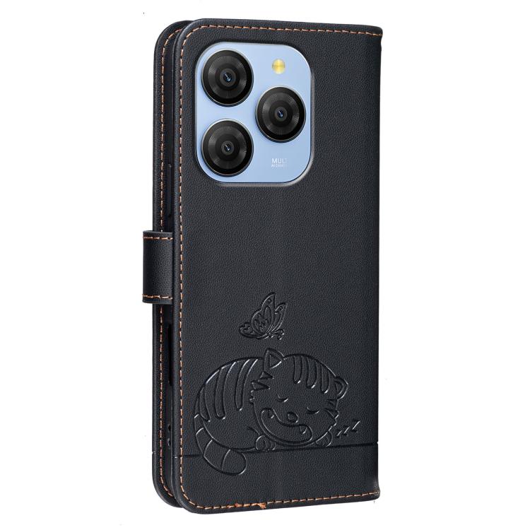 For Blackview SHARK 9 Cat Butterfly Embossed RFID Vegan Leather Phone Case with Strap