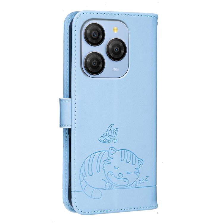 For Blackview SHARK 9 Cat Butterfly Embossed RFID Vegan Leather Phone Case with Strap