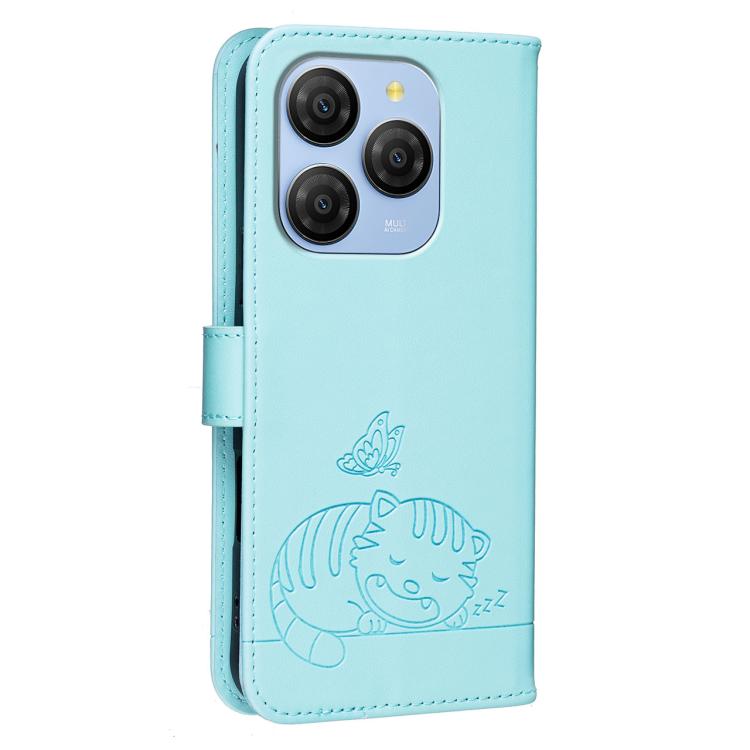 For Blackview SHARK 9 Cat Butterfly Embossed RFID Vegan Leather Phone Case with Strap