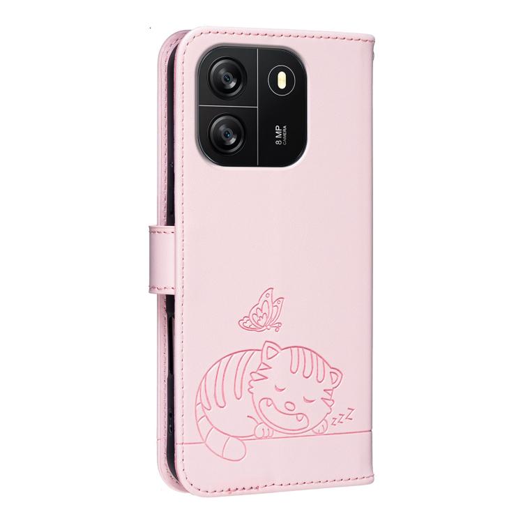 For Blackview WAVE 6C Cat Butterfly Embossed RFID Vegan Leather Phone Case with Strap