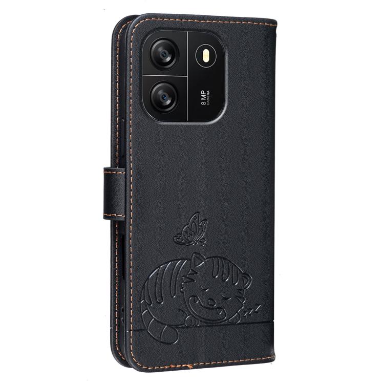For Blackview WAVE 6C Cat Butterfly Embossed RFID Vegan Leather Phone Case with Strap