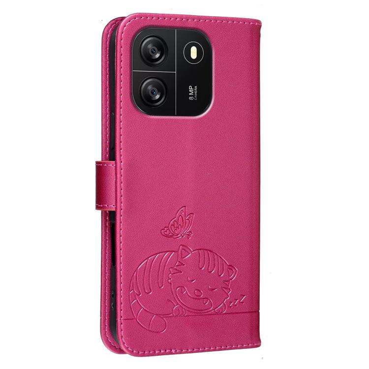 For Blackview WAVE 6C Cat Butterfly Embossed RFID Vegan Leather Phone Case with Strap