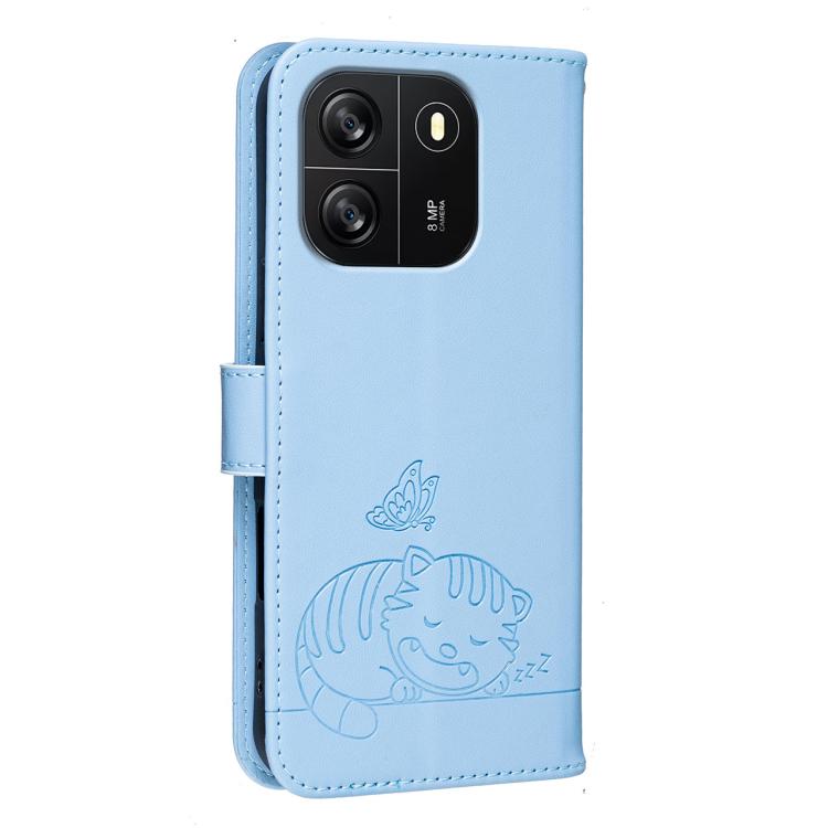 For Blackview WAVE 6C Cat Butterfly Embossed RFID Vegan Leather Phone Case with Strap