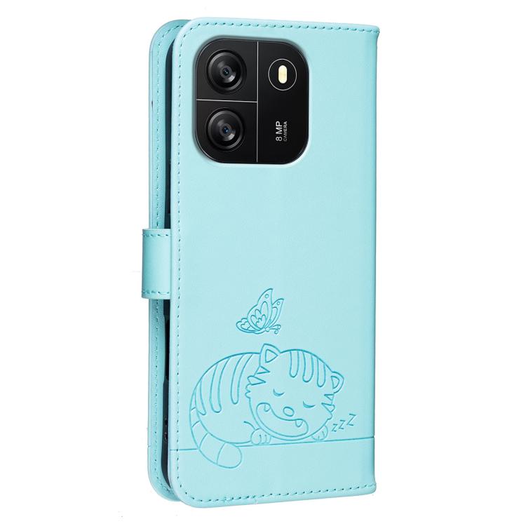 For Blackview WAVE 6C Cat Butterfly Embossed RFID Vegan Leather Phone Case with Strap
