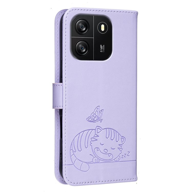For Blackview WAVE 6C Cat Butterfly Embossed RFID Vegan Leather Phone Case with Strap