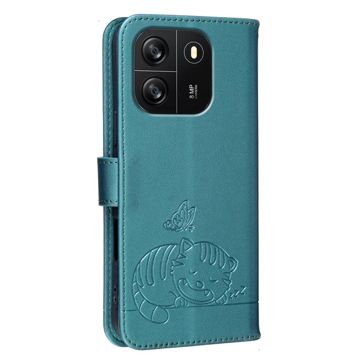 For Blackview WAVE 6C Cat Butterfly Embossed RFID Vegan Leather Phone Case with Strap