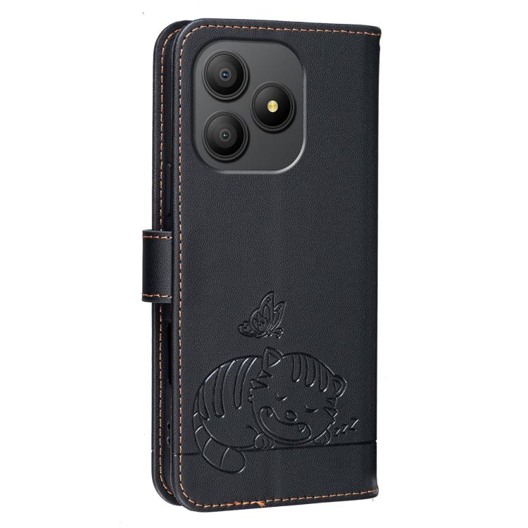 For Blackview WAVE 9C Cat Butterfly Embossed RFID Vegan Leather Phone Case with Strap