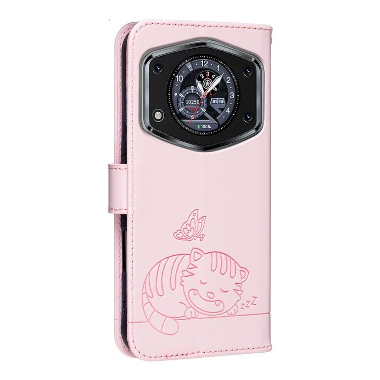 For Cubot A30 Cat Butterfly Embossed RFID Vegan Leather Phone Case with Strap