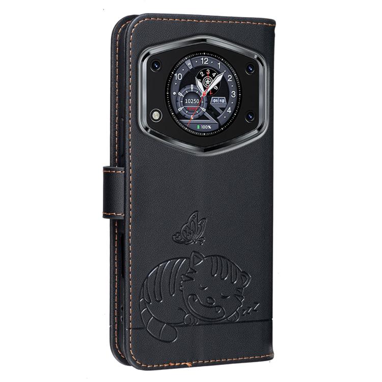 For Cubot A30 Cat Butterfly Embossed RFID Vegan Leather Phone Case with Strap