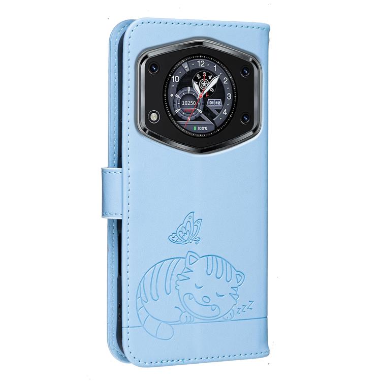 For Cubot A30 Cat Butterfly Embossed RFID Vegan Leather Phone Case with Strap