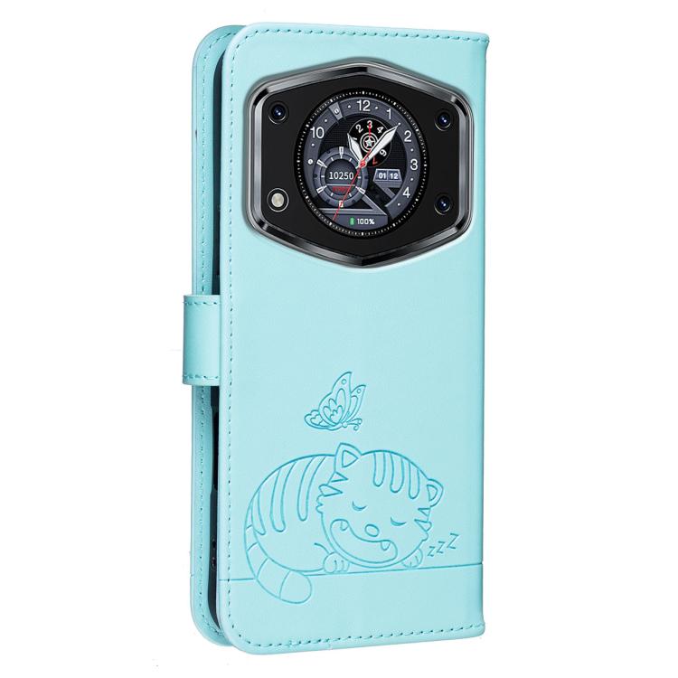 For Cubot A30 Cat Butterfly Embossed RFID Vegan Leather Phone Case with Strap