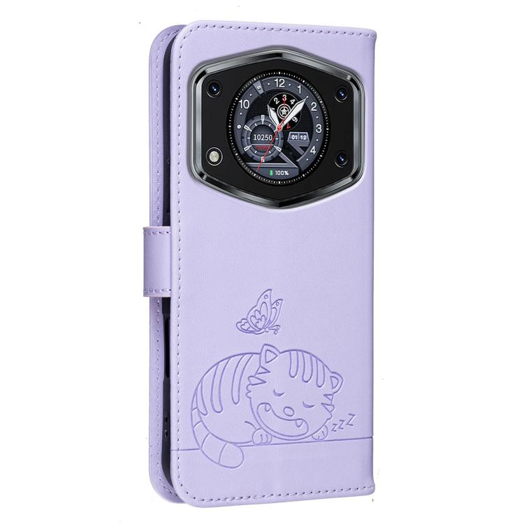 For Cubot A30 Cat Butterfly Embossed RFID Vegan Leather Phone Case with Strap
