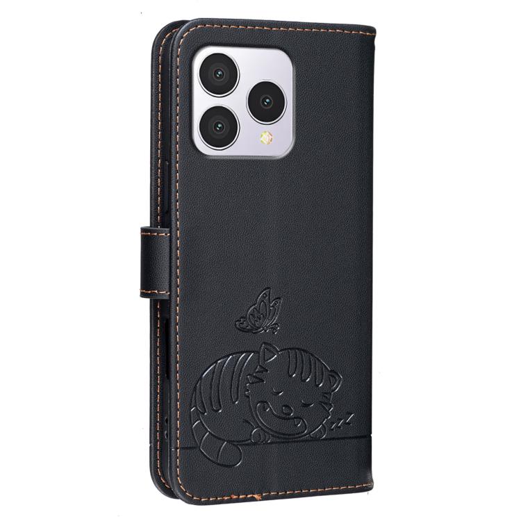 For Cubot A40 Cat Butterfly Embossed RFID Vegan Leather Phone Case with Strap