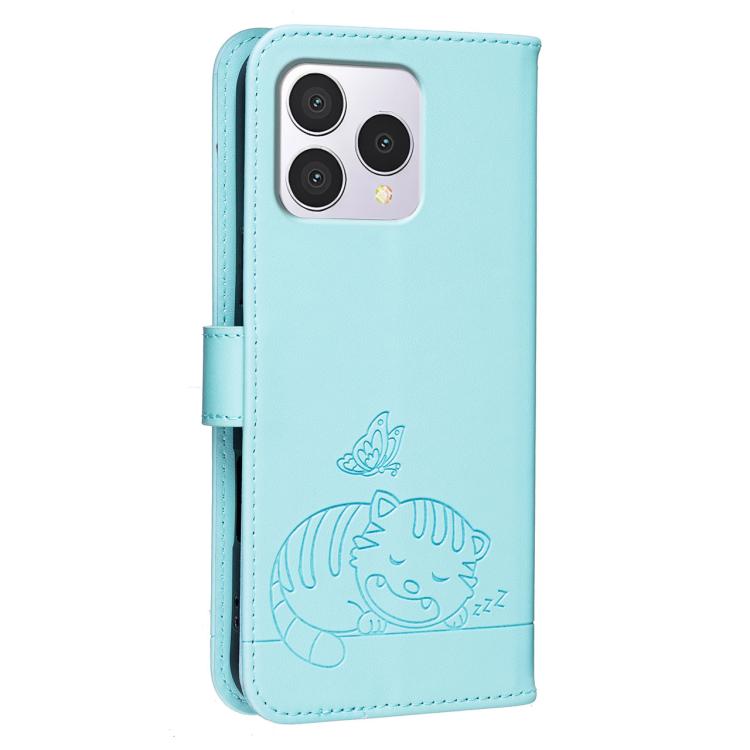 For Cubot A40 Cat Butterfly Embossed RFID Vegan Leather Phone Case with Strap