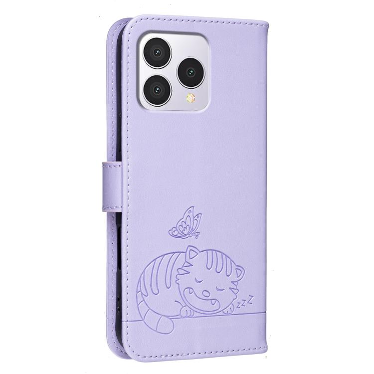 For Cubot A40 Cat Butterfly Embossed RFID Vegan Leather Phone Case with Strap